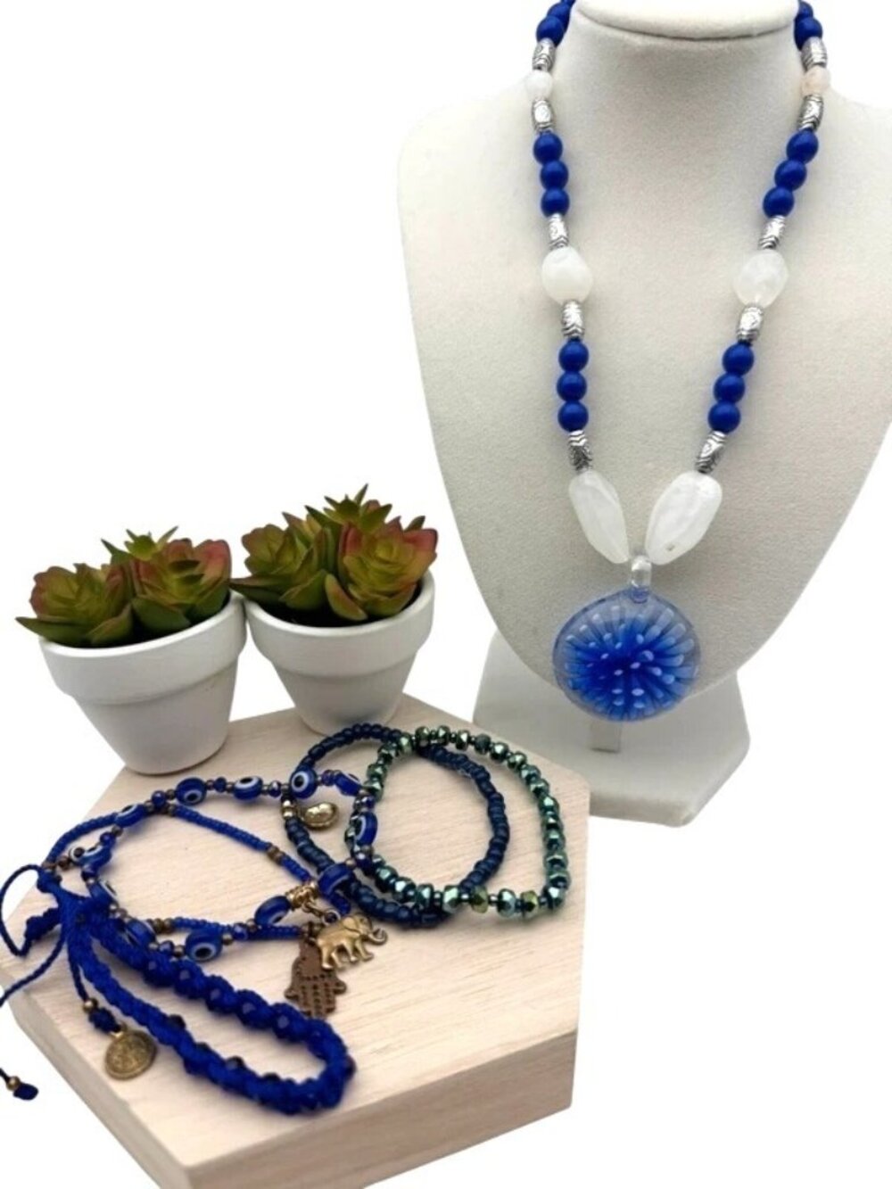 Vintage Blue Jewelry Lot Glass Pendant Boho Cobalt Turquoise Bracelets Necklace